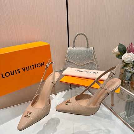 LV 26S SLINGBACK PUMPS 90 MM IN BEIGE BROWN FABRIC AND CALFSKIN