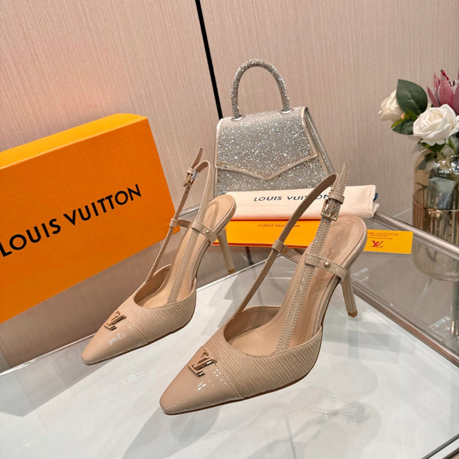 LV 26S SLINGBACK PUMPS 90 MM IN BEIGE BROWN FABRIC AND CALFSKIN