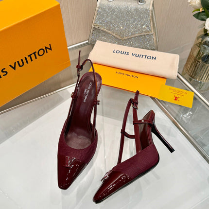 LV 26S SLINGBACK PUMPS 90 MM IN DARK RED FABRIC AND CALFSKIN