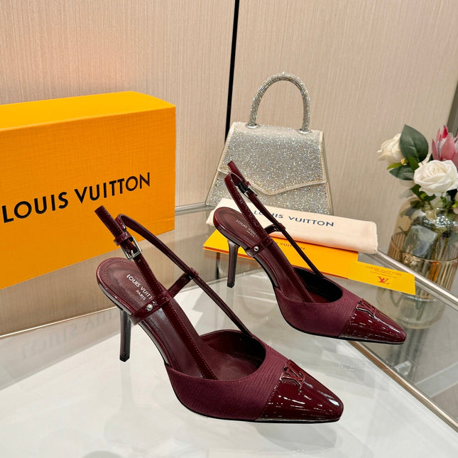 LV 26S SLINGBACK PUMPS 90 MM IN DARK RED FABRIC AND CALFSKIN