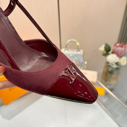 LV 26S SLINGBACK PUMPS 90 MM IN DARK RED FABRIC AND CALFSKIN