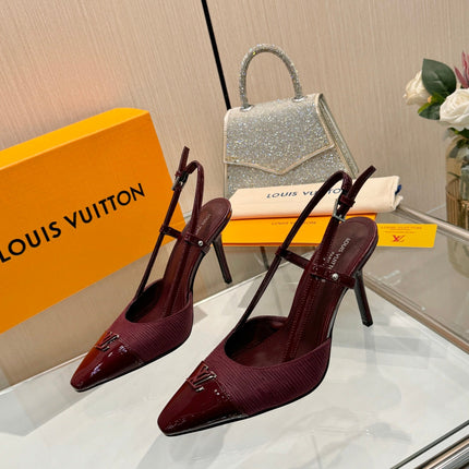 LV 26S SLINGBACK PUMPS 90 MM IN DARK RED FABRIC AND CALFSKIN