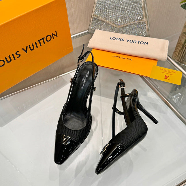 LV 26S SLINGBACK PUMPS 90 MM IN BLACK FABRIC AND CALFSKIN