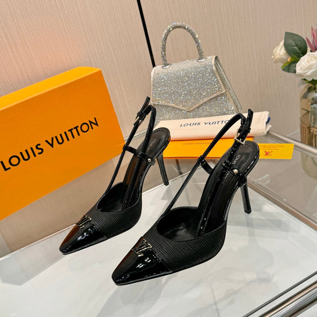 LV 26S SLINGBACK PUMPS 90 MM IN BLACK FABRIC AND CALFSKIN