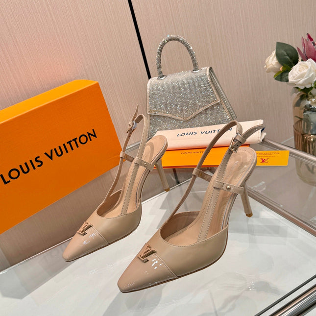 LV 26S SLINGBACK PUMPS 90 MM IN BEIGE BROWN CALFSKIN