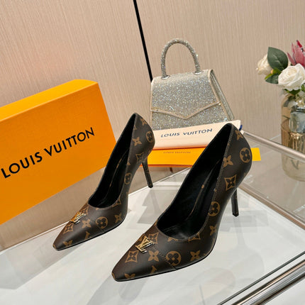 LV 26S POINTED-TOE HIGH HEELS 90 MM IN DARK BROWN COATED CANVAS