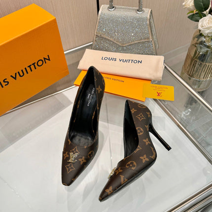 LV 26S POINTED-TOE HIGH HEELS 90 MM IN DARK BROWN COATED CANVAS