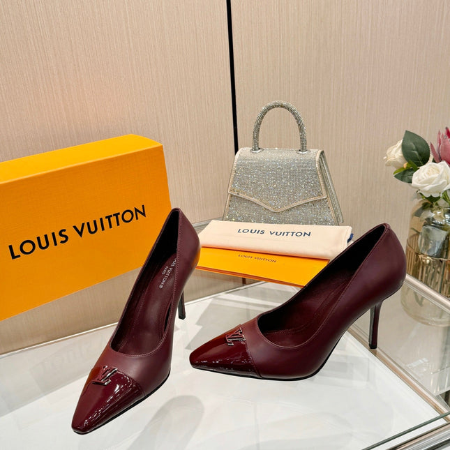 LV 26S POINTED-TOE HIGH HEELS 90 MM IN DARK RED CALFSKIN