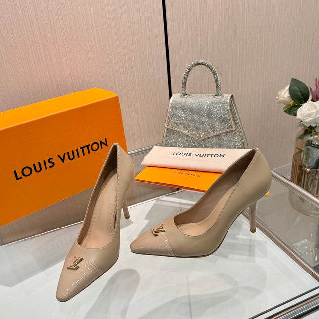 LV 26S POINTED-TOE HIGH HEELS 90 MM IN BEIGE BROWN CALFSKIN