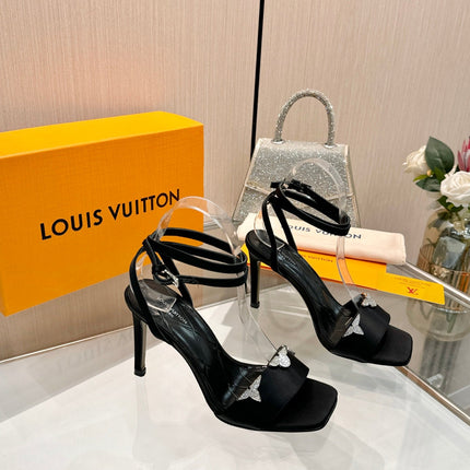 LV 26S HIGH-HEELED SANDALS 90 MM IN BLACK SATIN
