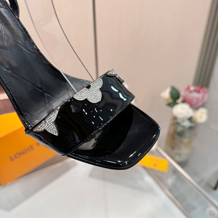 LV 26S HIGH-HEELED SANDALS 90 MM IN BLACK GLOSSY CALFSKIN