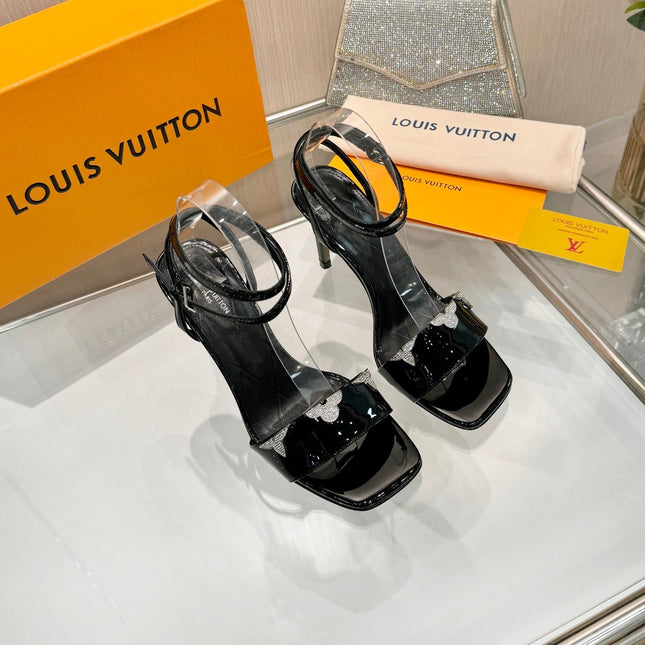 LV 26S HIGH-HEELED SANDALS 90 MM IN BLACK GLOSSY CALFSKIN
