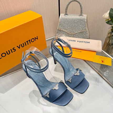 LV 26S HIGH-HEELED SANDALS 90 MM IN DUSTY BLUE SATIN