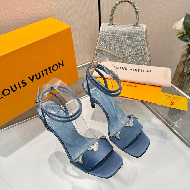 LV 26S HIGH-HEELED SANDALS 90 MM IN DUSTY BLUE SATIN