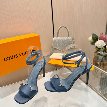 LV 26S HIGH-HEELED SANDALS 90 MM IN DUSTY BLUE SATIN