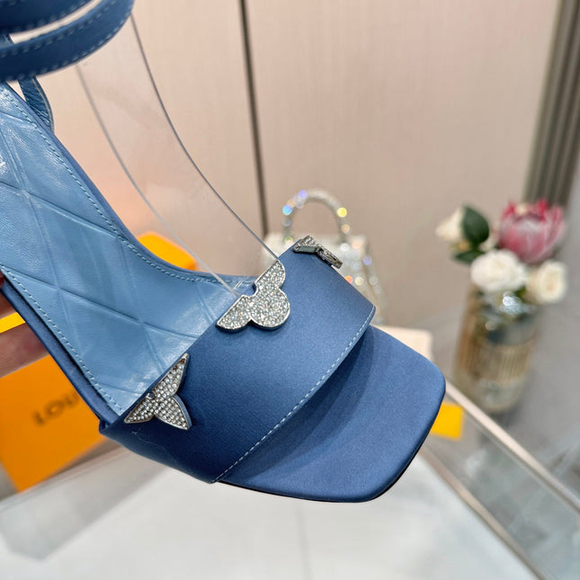 LV 26S HIGH-HEELED SANDALS 90 MM IN DUSTY BLUE SATIN