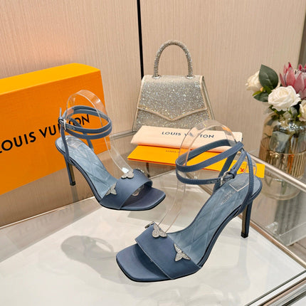 LV 26S HIGH-HEELED SANDALS 90 MM IN DUSTY BLUE SATIN