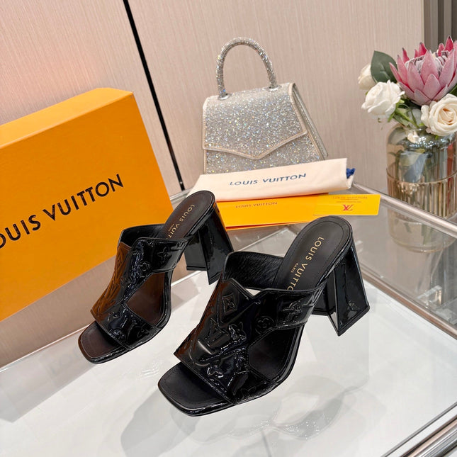 LV 26S HIGH-HEELED SANDALS 90 MM BLACK SHINY CALFSKIN