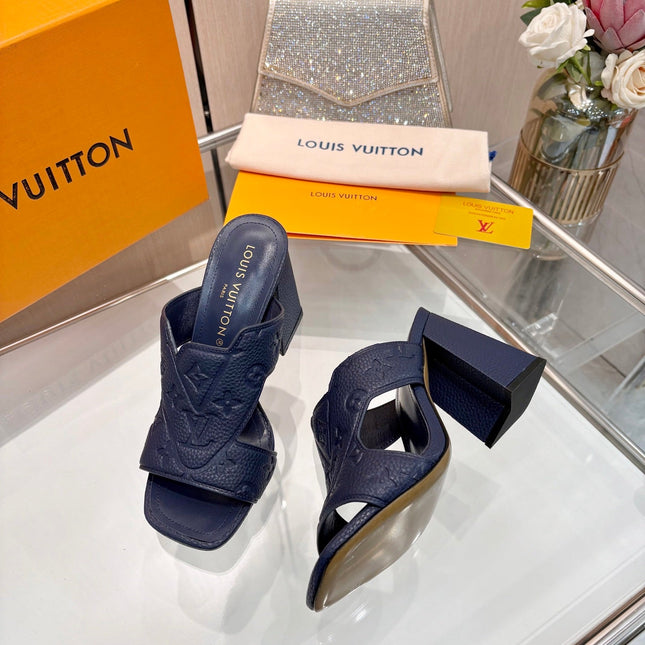 LV 26S HIGH-HEELED SANDALS 90 MM IN DARK SLATE BLUE CALFSKIN