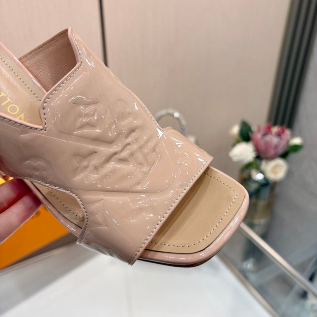 LV 26S HIGH-HEELED SANDALS 90 MM IN SOFT BEIGE PINK SHINY CALFSKIN