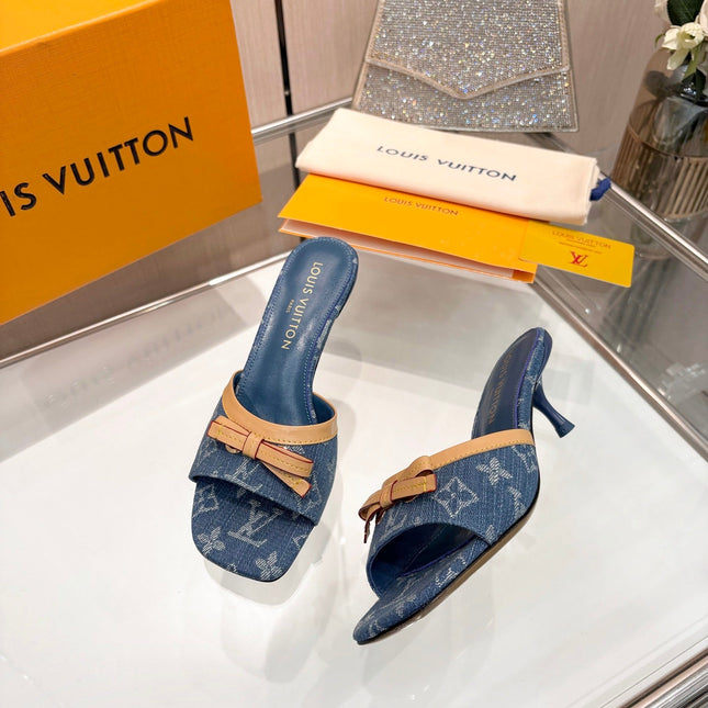 LV 26S HIGH-HEELED MULES 55 MM IN BLUE DENIM
