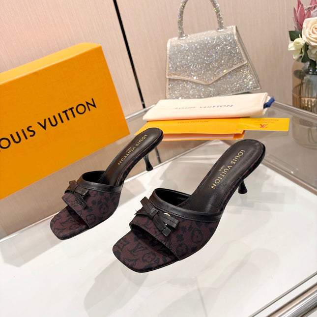 LV 26S HIGH-HEELED MULES 55 MM IN MUTED PLUM BROWN MONOGRAM CANVAS