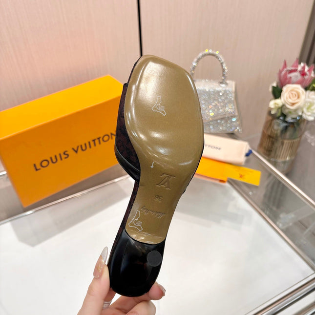 LV 26S HIGH-HEELED MULES 55 MM IN MUTED PLUM BROWN MONOGRAM CANVAS