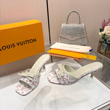 LV 26S HIGH-HEELED MULES 55 MM IN WHITE AND LIGTH PINK MONOGRAM CANVAS