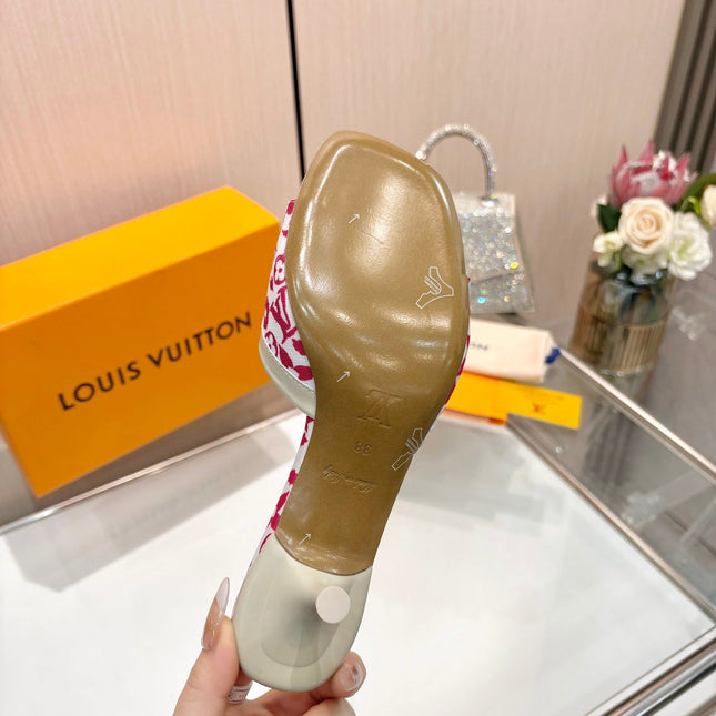 LV 26S HIGH-HEELED MULES 55 MM IN WHITE AND PINK MONOGRAM CANVAS