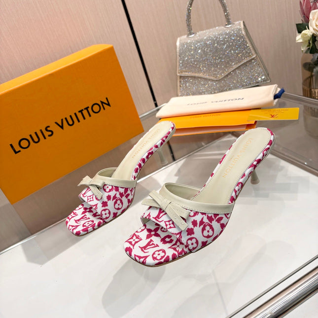 LV 26S HIGH-HEELED MULES 55 MM IN WHITE AND PINK MONOGRAM CANVAS