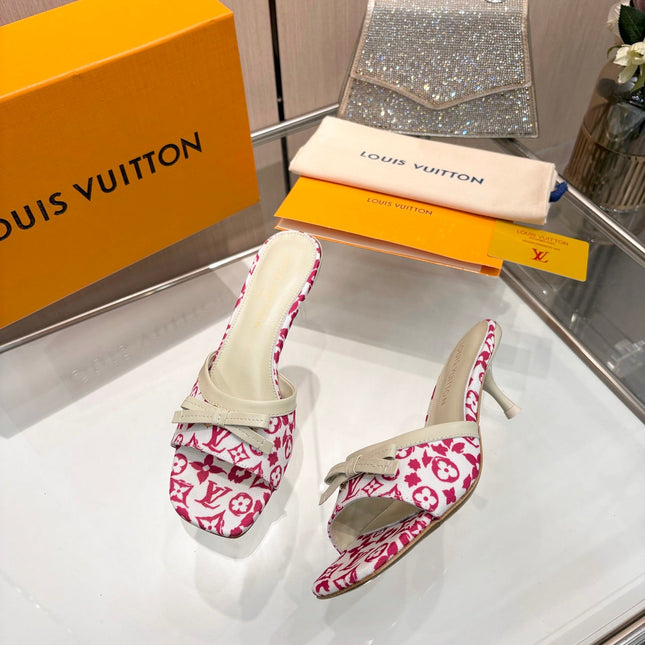 LV 26S HIGH-HEELED MULES 55 MM IN WHITE AND PINK MONOGRAM CANVAS
