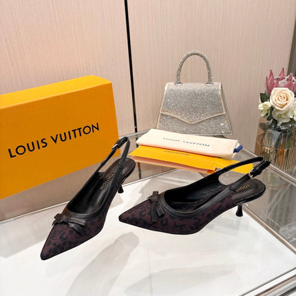 LV 26S BOW-DETAIL SLINGBACK PUMPS 55 MM IN MUTED PLUM BROWN MONOGRAM CANVAS