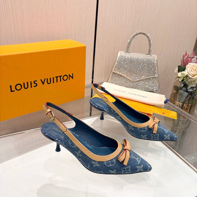LV 26S BOW-DETAIL SLINGBACK PUMPS 55 MM IN BLUE DENIM