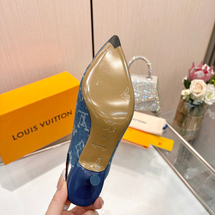 LV 26S BOW-DETAIL SLINGBACK PUMPS 55 MM IN BLUE DENIM