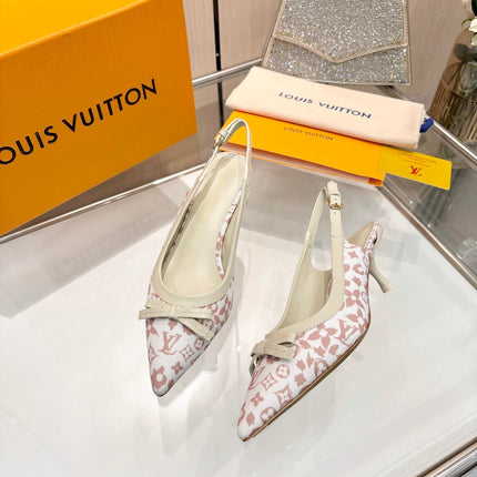 LV 26S BOW-DETAIL SLINGBACK PUMPS 55 MM IN WHITE AND MUTED ROSE PINK MONOGRAM CANVAS