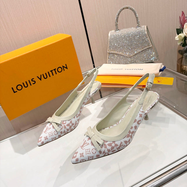 LV 26S BOW-DETAIL SLINGBACK PUMPS 55 MM IN WHITE AND MUTED ROSE PINK MONOGRAM CANVAS