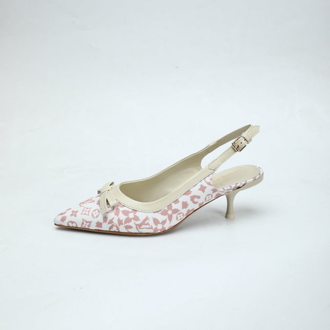 LV 26S BOW-DETAIL SLINGBACK PUMPS 55 MM IN WHITE AND MUTED ROSE PINK MONOGRAM CANVAS