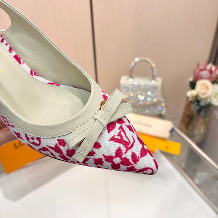 LV 26S BOW-DETAIL SLINGBACK PUMPS 55 MM IN WHITE AND PINK MONOGRAM CANVAS