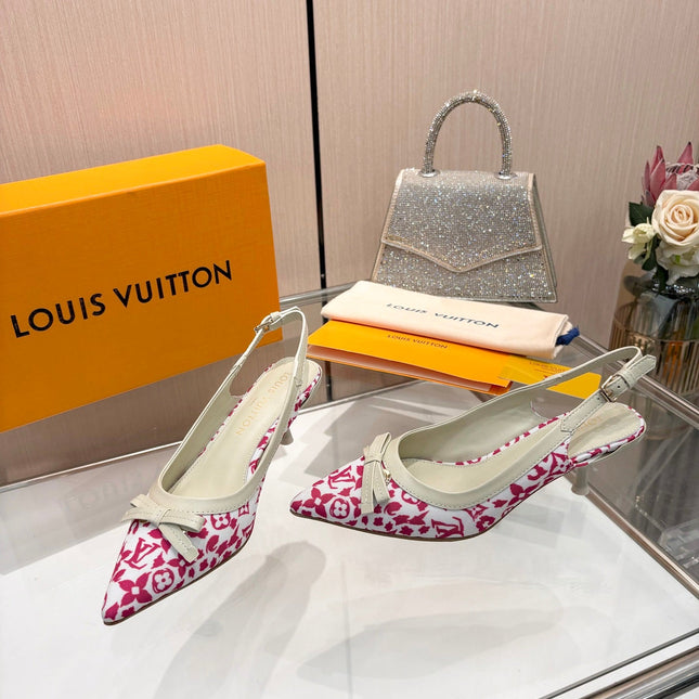 LV 26S BOW-DETAIL SLINGBACK PUMPS 55 MM IN WHITE AND PINK MONOGRAM CANVAS