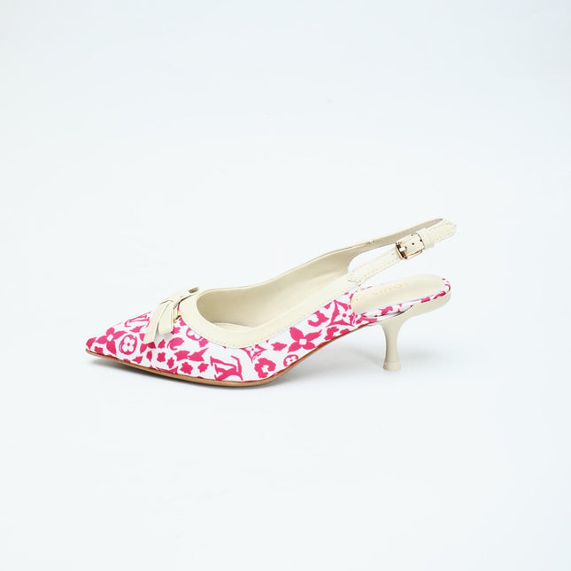 LV 26S BOW-DETAIL SLINGBACK PUMPS 55 MM IN WHITE AND PINK MONOGRAM CANVAS