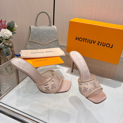 LV 26S MULE HEELS 90 MM IN BEIGE FABRIC AND LAMBSKIN