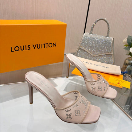 LV 26S MULE HEELS 90 MM IN BEIGE FABRIC AND LAMBSKIN