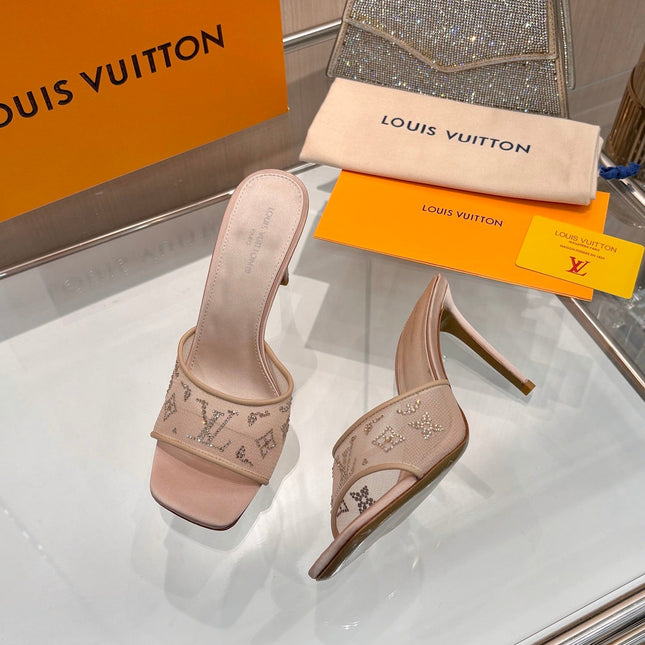 LV 26S MULE HEELS 90 MM IN BEIGE FABRIC AND LAMBSKIN