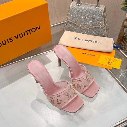 LV 26S MULE HEELS 90 MM IN LIGHT PINK FABRIC AND LAMBSKIN