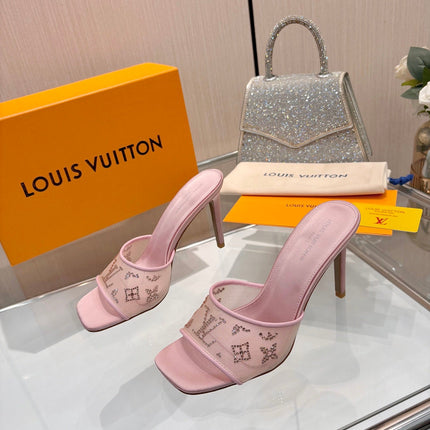 LV 26S MULE HEELS 90 MM IN LIGHT PINK FABRIC AND LAMBSKIN