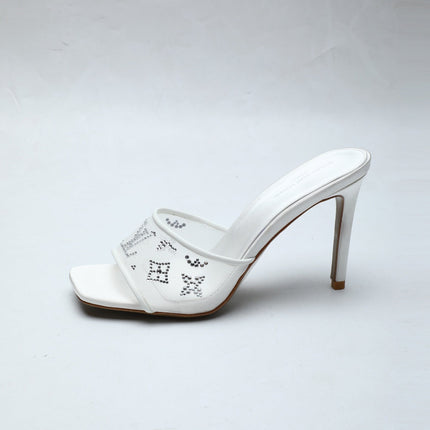 LV 26S MULE HEELS 90 MM IN WHITE FABRIC AND LAMBSKIN