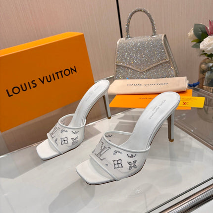 LV 26S MULE HEELS 90 MM IN WHITE FABRIC AND LAMBSKIN