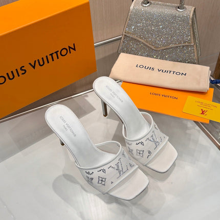 LV 26S MULE HEELS 90 MM IN WHITE FABRIC AND LAMBSKIN