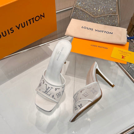 LV 26S MULE HEELS 90 MM IN WHITE FABRIC AND LAMBSKIN