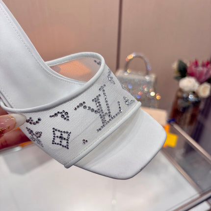 LV 26S MULE HEELS 90 MM IN WHITE FABRIC AND LAMBSKIN